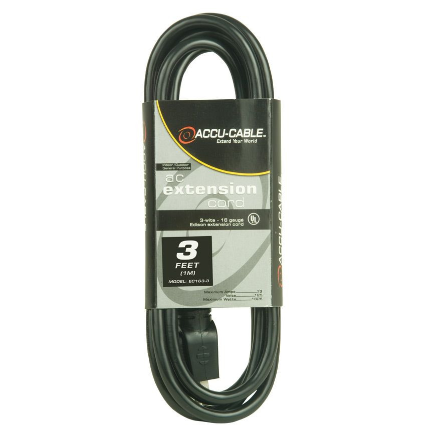 Accu Cable EC163-3FER10 Black 16 Gauge 3 Plug 10 Ft Extension Cable 